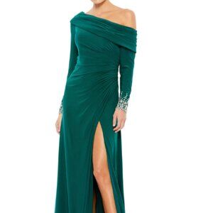 MAC DUGGAL ONE SHOULDER KNIT EMBELLISHED LONG SLEEVE CUFF STRETCH JERSEY GOWN 8